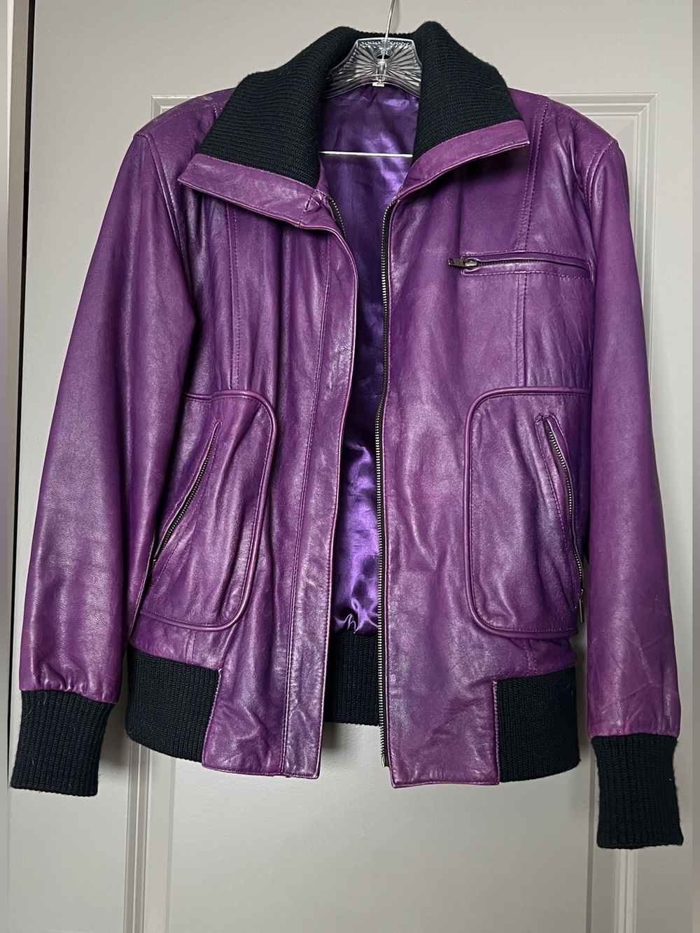 Purple Leather Bomber Jacket with Black Rib Knit Trim